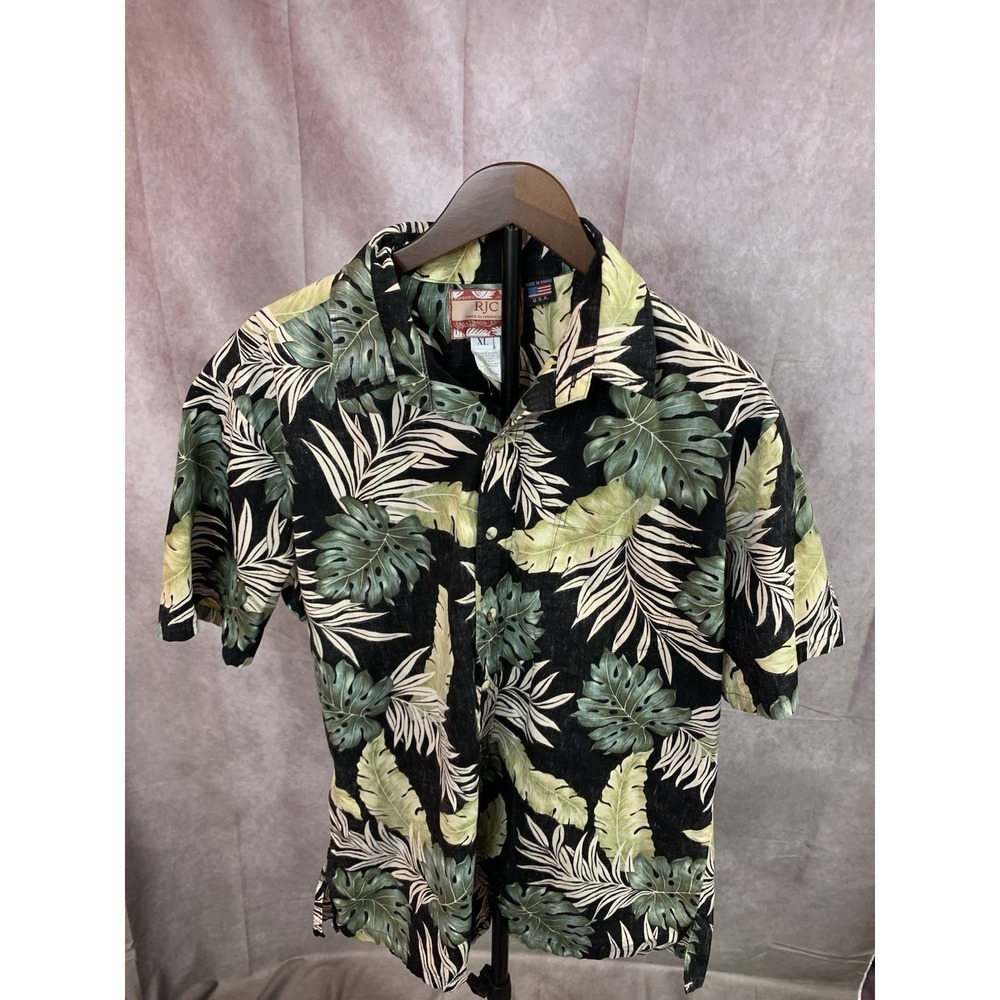 Vintage RJC Hawaiian shirt black with green palms button up XL